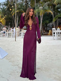 Robe longue soirée sexy en crochet fendue à col en V femme