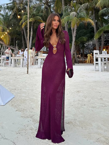 Robe longue soirée sexy en crochet fendue à col en V femme