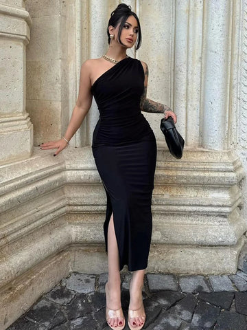 Robe longue soirée noire femme fendue sans manches