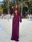 Robe longue soirée sexy en crochet fendue à col en V femme