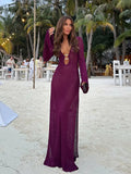Robe longue soirée sexy en crochet fendue à col en V femme