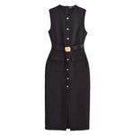 Robes longues soirée noires femmes sans manches Ceinture Fermeture Bouton