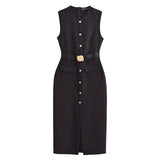 Robes longues soirée noires femmes sans manches Ceinture Fermeture Bouton