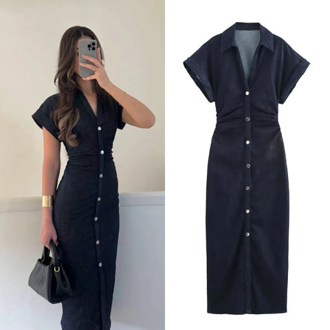 Robe longue soirée avec fermeture bouton élégante mince