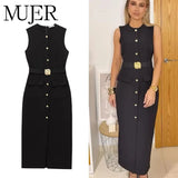 Robes longues soirée noires femmes sans manches Ceinture Fermeture Bouton