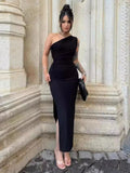 Robe longue soirée noire femme fendue sans manches