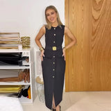 Robes longues soirée noires femmes sans manches Ceinture Fermeture Bouton