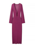 Robe longue soirée sexy en crochet fendue à col en V femme