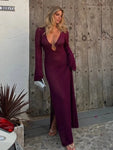 Robe longue soirée sexy en crochet fendue à col en V femme